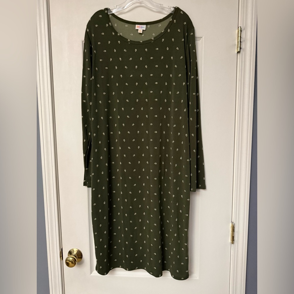 LuLaRoe Olive Long Sleeve Dress with Leaf Pattern